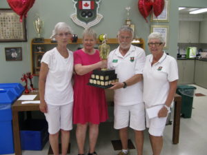 1st place - Gudrun Franc presents the President's Trophy to John and Joyce McLindon and Wendy Nason